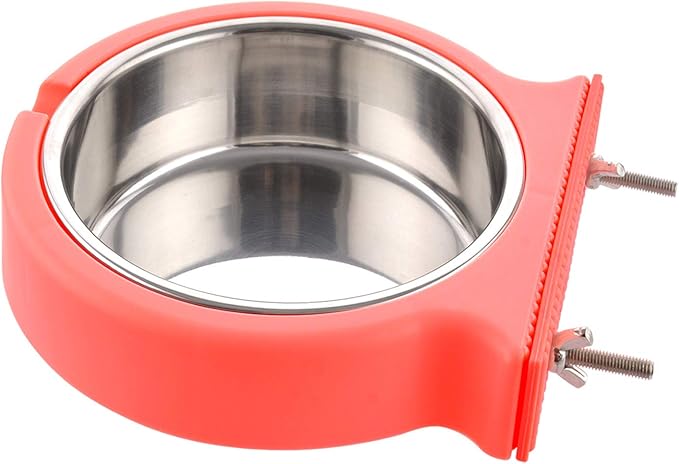 Crate Dog Bowl Removable Stainless Steel Water Food Feeder Bowls Cage Coop Cup for Cat Puppy Bird Pets (Small, Pink Orange with Corrugated Clip)