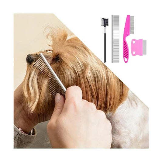 4PCS Pets Grooming Comb Kit for Small Dogs, 2-in-1 Flea Comb with Round Teeth for Cat and Puppy, Tear Stain Remover Comb Accessories for Removing Eye Mucus and Crust