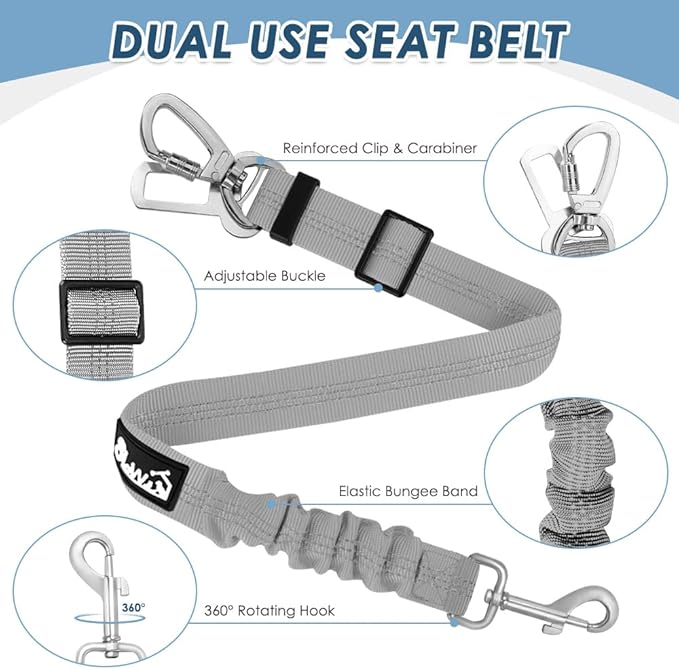 SlowTon Dog Seatbelt, 2 Pack Dog Seat Belt Car Leash Adjustable Elastic Bungee Buffer Heavy Duty Nylon Reflective Pet Safety Tether Connect to Dog Harness for Travel Riding in Vehicle (Daul Clip, GY)