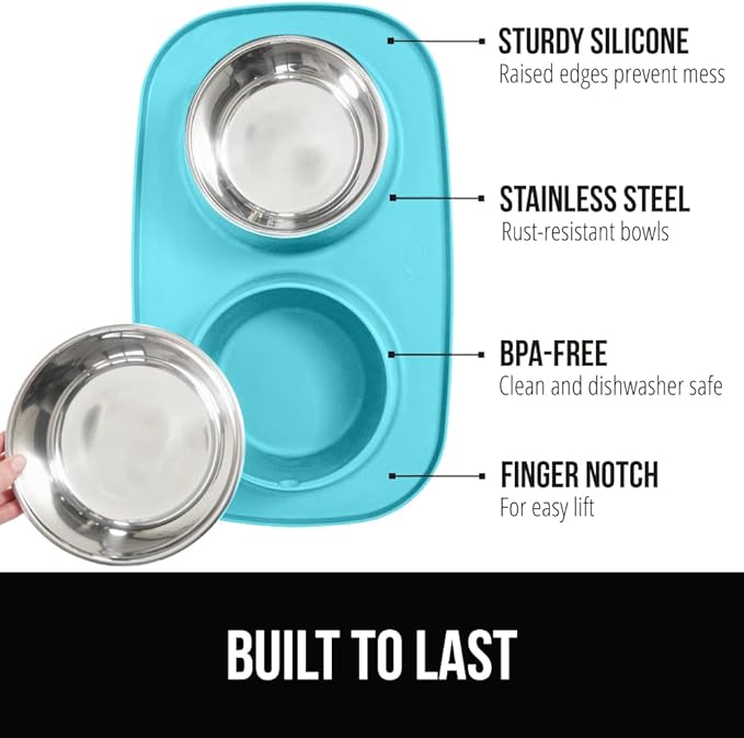 GORILLA GRIP Patent Pending 100% Waterproof BPA Free 4 Cup Cat and Dog Bowls Silicone Feeding Mat Set, Stainless Steel Bowl Slip Resistant Raised Edges, Catch Water, Food, Pet Accessories, Turquoise