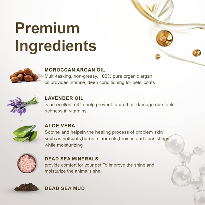 Pet Dog Shampoo Mud and Natural Dead Sea Mineral Rich, Aloe Vera & Vitamin-E, Anti Dandruff, Relief Psoriasis & Eczema, Moisturizing - Argan Oil & Lavender Oil - (1) Bottle 16.5 FL OZ