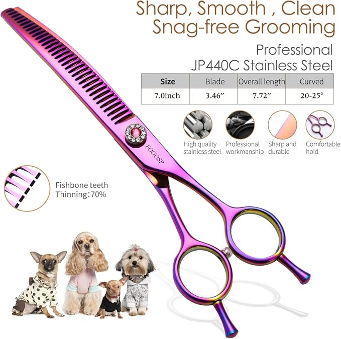 Curved Thinning Shear Dog 7.0'' Professional Downward Curved Chunkers Shears Dog Grooming Japan 440C Stainless Steel 75% Thinning Rate(Rainbow)