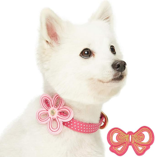 Blueberry Pet 2 Patterns Adjustable Dog Collar with Metal Buckle and 2 Detachable Bowtie - Pink Polka Dot, Neck 9-12.5", for Small Breed