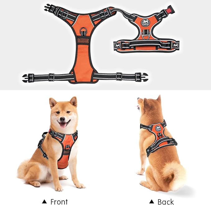 PoyPet Dog Harness No Pull, Reflective Adjustable No Choke Pet Vest with Front & Back Clips, Soft Padded and Control Training Handle for Large Dogs (Orange, XL)