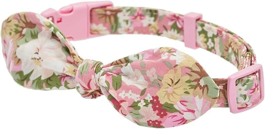 Cotton Dog Collar Soft Lightweight with Hand-Tied Knot Bow for Medium Dogs.(M, Pink Floral)