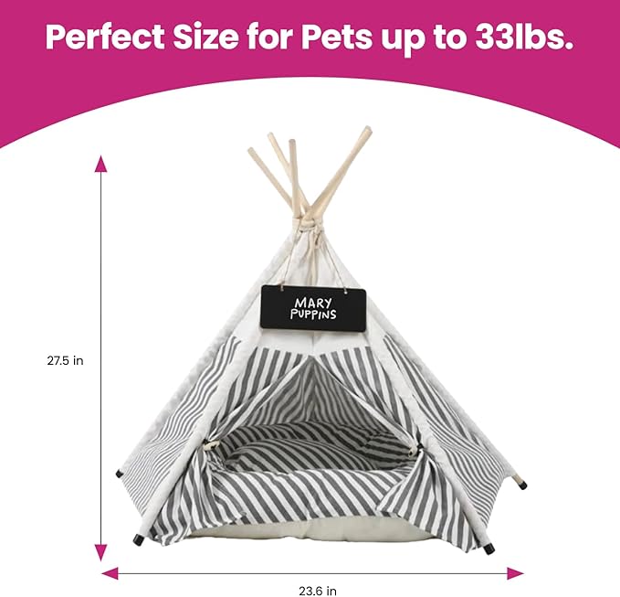 Dog Teepee Cozy Retreat, Portable Pet Tent for Small Dogs with Soft Cushion, Easy to Clean Canvas Pet House, 27.5 x 23.6 inches, Foldable Grey and White Striped