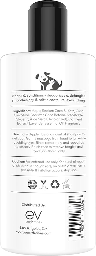 Earth Vibes Natural Oatmeal Dog & Cat Pet Shampoo & Conditioner, Dry Itchy Skin Relief for Dogs, Cats & Pets, Calming Aloe Vera, Made in USA, 16oz