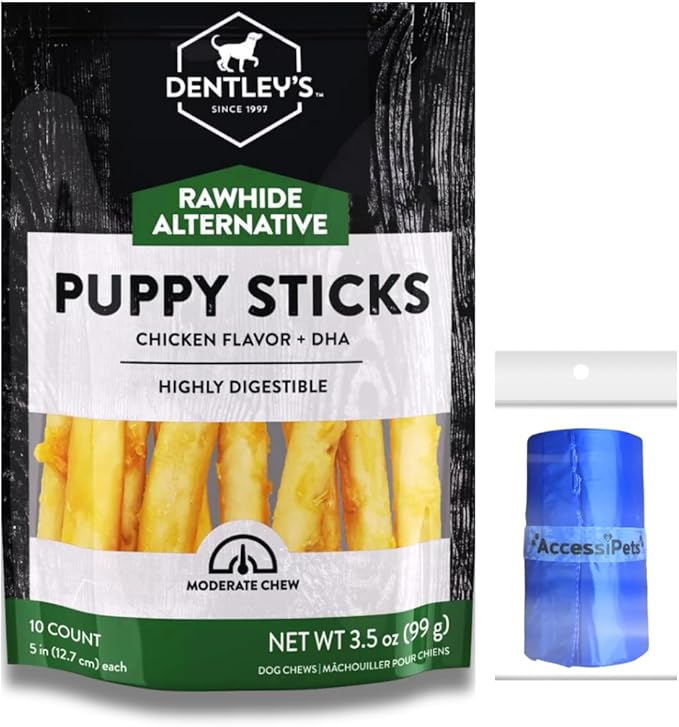 Dog Chews Bundles for Puppies and Small Dogs, Rawhide Free Alternative 5 inch Puppy Sticks Bundle with 1 Dog Waste Roll, Dental Treats for Moderate Chewers (Chicken, 10 Count)