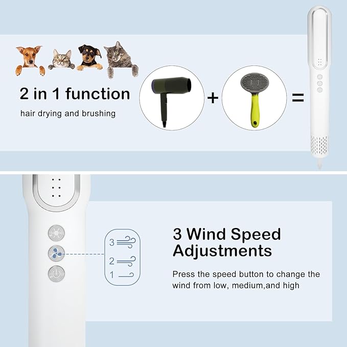 Pet Hair Dryer and Brush 2 in 1 - High and Low Temperature 3 Wind Speed Adjustment, 102000rpm Speed 800W Power Portable and Quiet for Small Medium Cats and Dogs Grooming Hair (TH201)