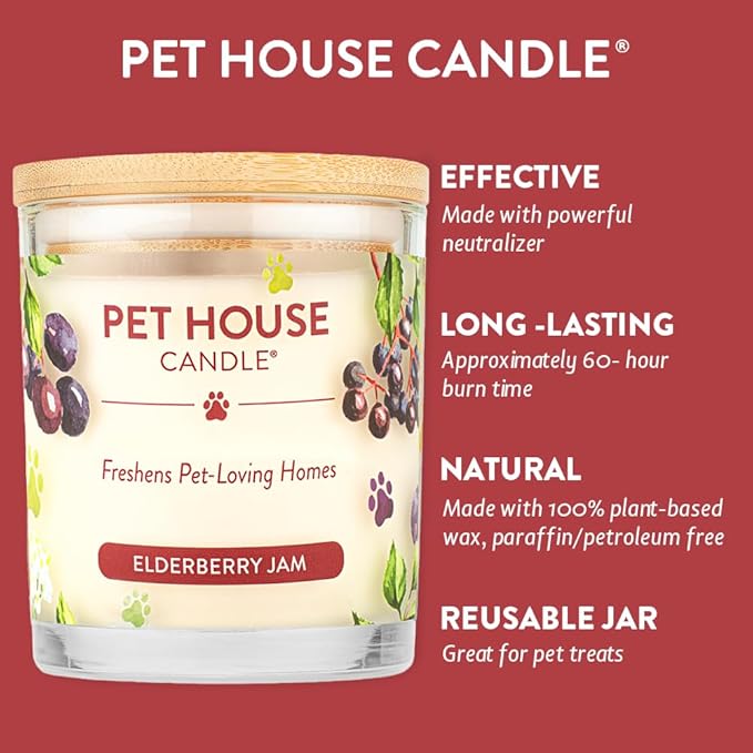 One Fur All Pet House Candle - Plant-Based/Soy, Long Lasting, Pet Odor Eliminating Scented Candle - Elderberry Jam