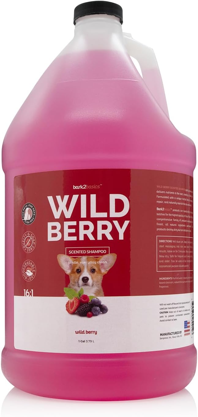 Bark2Basics Wild Berry Dog Shampoo, 1 Gallon | Unique Herbal Blend, Finest Natural Ingredients, Handcrafted, Soap-Free & Cruelty-Free, Protects and Nourishes Skin and Coat