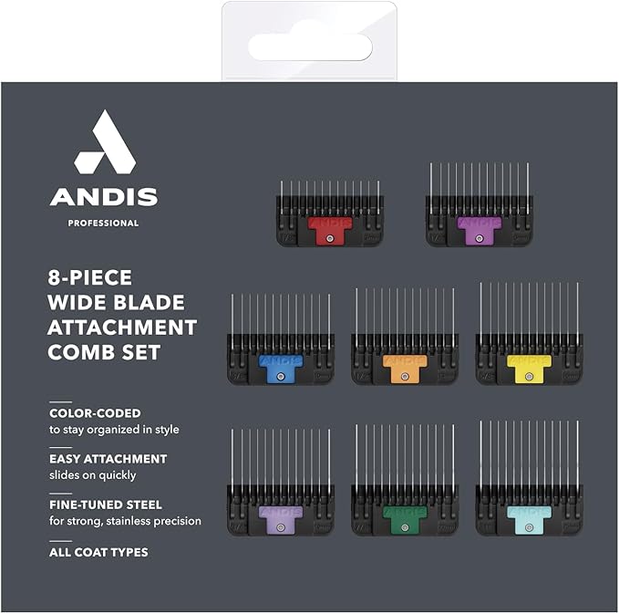 Andis 561475 Premium Clip Animal Comb Set – Built with Plastic, Includes 8 Color Coded Combs of Different Sizes, Attach Comb, All Coat Types, Multicolor