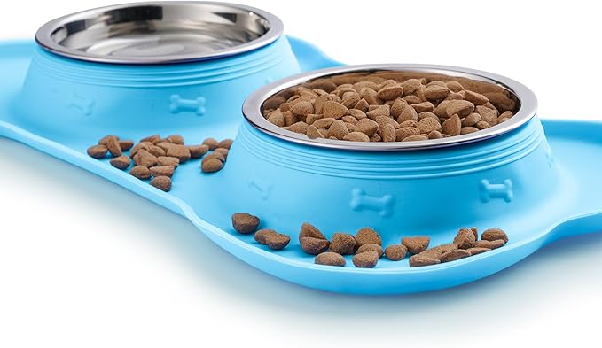 Hubulk Pet Dog Bowls 2 Stainless Steel Dog Bowl with No Spill Non-Skid Silicone Mat + Pet Food Scoop Water and Food Feeder Bowls for Feeding Small Medium Large Dogs Cats Puppies (Medium, Turquoise)