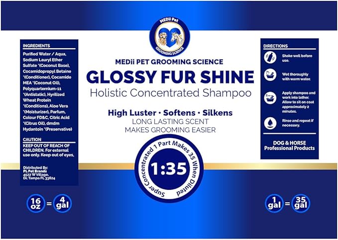 Concentrated Glossy Fur Shine - Professional Grooming Conditioner & Hair Detangler Spray for Dogs & Horses, Makes 4 Gallons, 16oz