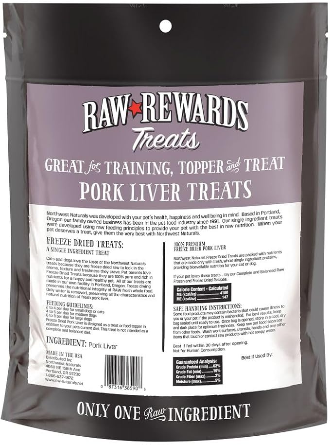 Northwest Naturals Raw Rewards Freeze-Dried Pork Liver Treats for Dogs and Cats - Bite-Sized Pieces - Healthy, 1 Ingredient, Human Grade Pet Food, All Natural - 10 Oz