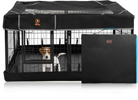 PJYuCien Dog Playpen Outdoor Plus Storage Bag，24" H 8 Panels Puppy Pen with Square Bottom & Top Cover,Heavy Duty Dog Fence for Camping