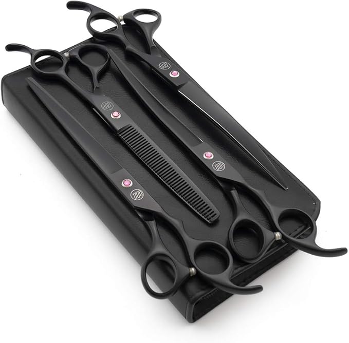 Moontay Professional 8.0" Dog Grooming Scissors Set, 4-pieces Straight, Upward Curved, Downward Curved, Thinning/Blending Shears for Dog, Cat and Pets, JP Stainless Steel, Black