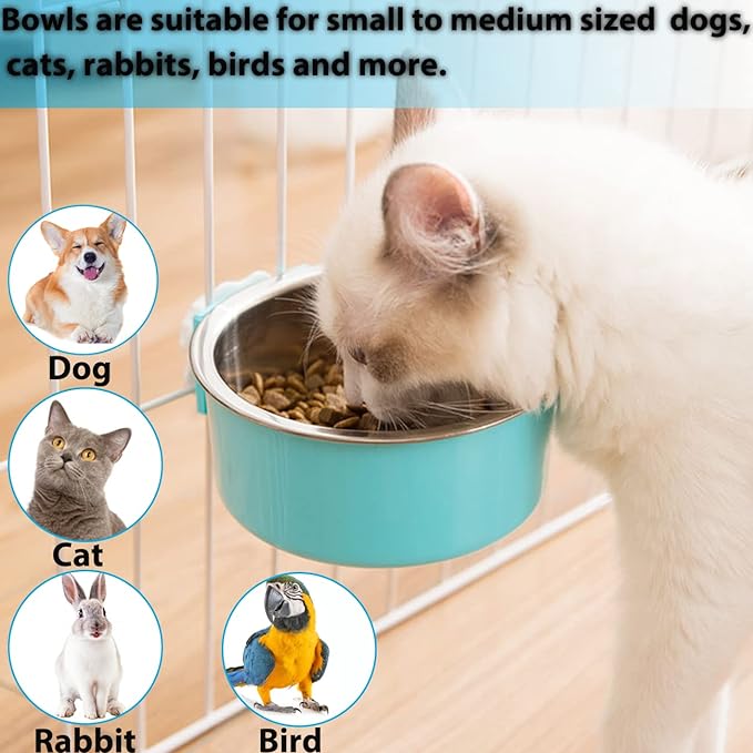 2 Pieces Crate Dog Bowl, Removable Stainless Steel Pet Kennel Hanging Food Water Feeder Bowl Cage Coop Cup for Puppy Medium Dog Cat Rabbit Ferret Bird (Blue,Green)