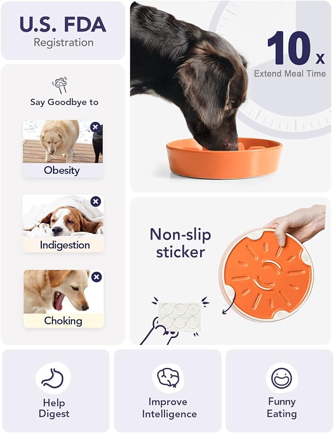 LE TAUCI Dog Bowls Slow Feeder Ceramic, 3 Cup Slow Bowl, 9.5 Inch Puzzle Feeders, Sun Orange