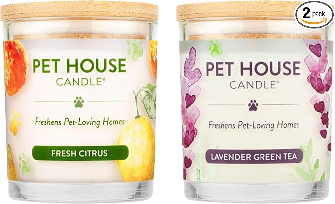 One Fur All Pet House Candle 2 Pack - Plant-Based/Soy, Long Lasting, Pet Odor Candle for Home - Fresh Citrus, Lavender Green