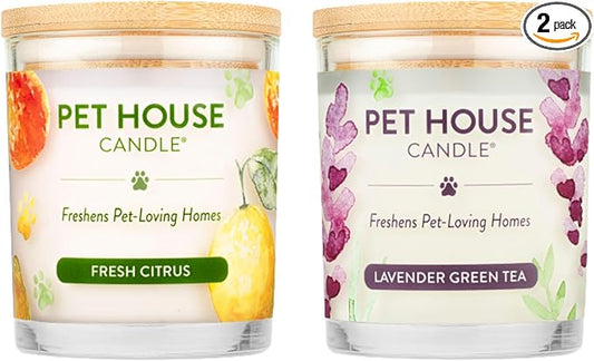 One Fur All Pet House Candle 2 Pack - Plant-Based/Soy, Long Lasting, Pet Odor Candle for Home - Fresh Citrus, Lavender Green