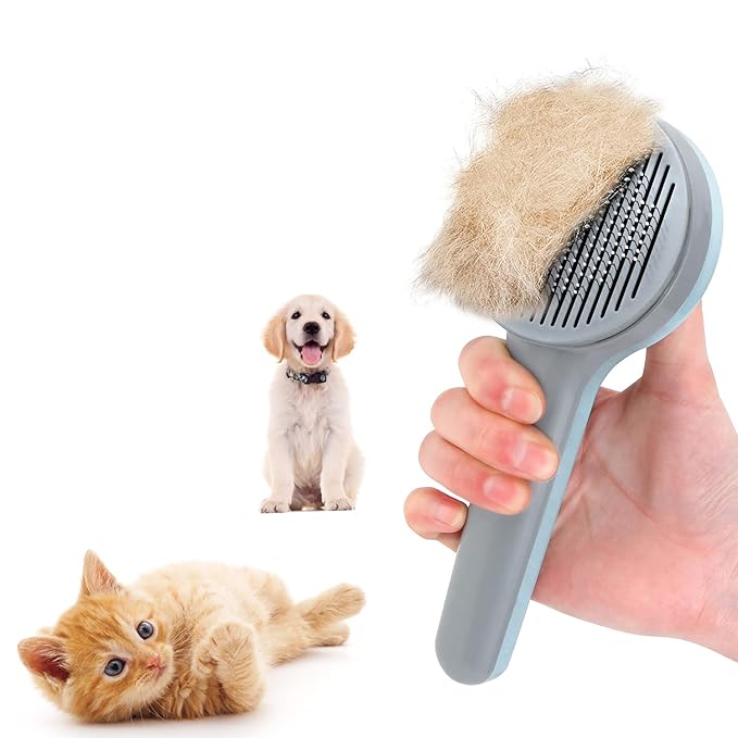 Cat Brush, Self Cleaning Slicker Brushes for Shedding and Grooming, Removes Loose Undercoat, Mats and Tangled Hair, Grooming Comb for Cats Dogs, Little Blue Gray
