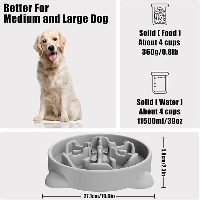 Slow Feeder Dog Bowls Large Breed, Dog Food Bowl Large Anti-Choking Bloat Stop Puzzle Healthy Eating Bowl (Gray, 4 Cup)