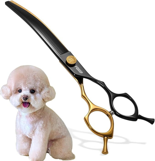 Curved Thinning Shears Dog Grooming 7.5 in Black & Gold Two Color Multipurpose Professional Dog Grooming Scissors for Large Pet 66 Teeth Japan 440C