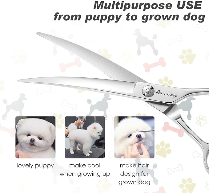 Dog Cat Scissors for Grooming, Pet Shears for Thick Coats and Matted Hair, Thinner Curved Straight Chunker Stainless Steel Shears (7.0" Curved Silver)