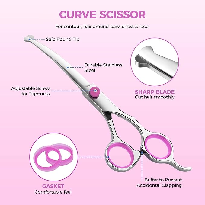 Maxshop Dog Grooming Scissors with Safety Round Tips, Heavy Duty Titanium Pet Grooming Trimmer Kit, Professional Thinning Shears, Curved Scissors with Comb for Dogs and Cats (Pink Set of 3)