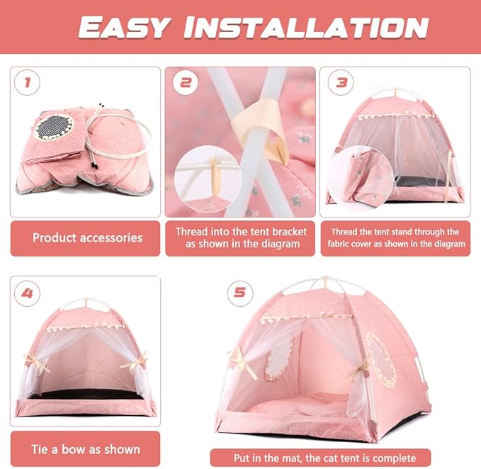 pawstrip Dog Tent Indoor Cat House Pink Puppy Bed Portable Pet Teepe Princess Dog Camping Tent Outdoor Kitten Houses Cute Bunny Nest Girl Kitty Cave (M, Light Pink)