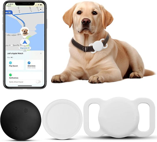 Dog Tracker with Collar Holder, Smart Pet Tracker, MFi Certificated Tracking Device, Waterproof Bluetooth, No Monthly Fee, Works with Find My, Not GPS Tracker (iOS Only) (White, M)