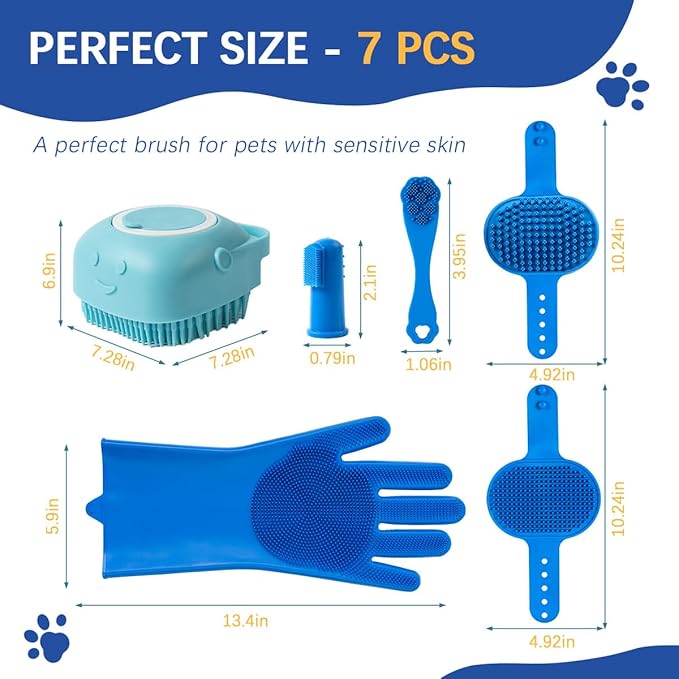 7-in-1 Pet Grooming Kit Dog Washing Gloves and Bath Brush Cat Shampoo Brush & Dog Toothbrush with Silicone Massage Bristles & Bubbler (Blue)