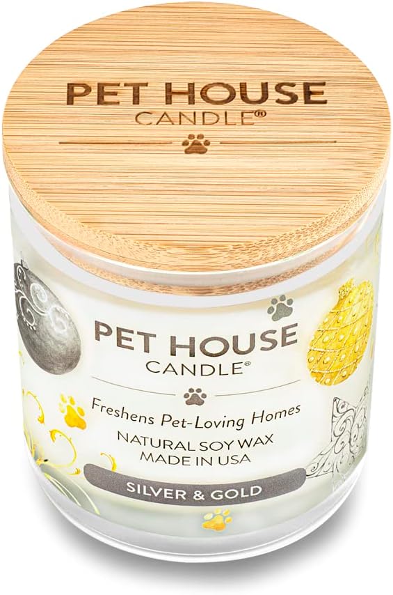 One Fur All Pet House Candle 2 Pack - Plant-Based/Soy Candle - Clean Burning Scented Candles, Long Lasting Pet Odor Candle for Home - Silver & Gold