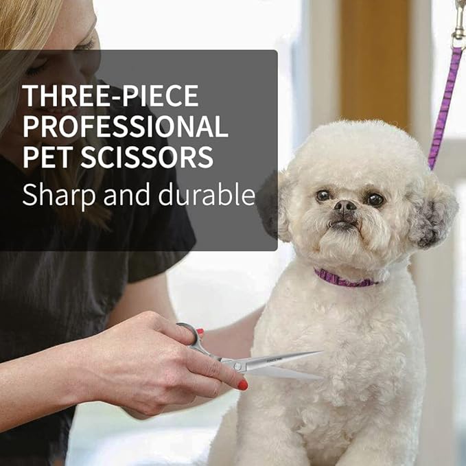 Fenice Peak 3pcs Dog Grooming Scissors Set Straight Thinning Curved Shears Stainless Steel Shears for Pet Grooming Sharp and Durable with Case Suitable for home users and Professional Groomer
