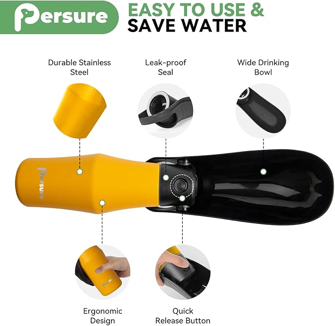 27 OZ Dog Water Bottle Portable Stainless Steel Convenient Pet Water Dispenser, Leak Proof Puppy Travel Water Bowl for Dog Outdoor Walking, Hiking, Perfect Size for All Dog Breeds, Yellow