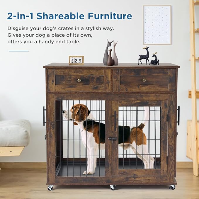 Dog Crate Furniture with 2 Drawers, Wooden Dog Kennel with Divider and Removable Tray, Double Rooms Dog Cage for 2 Dogs, Wooden Dog Crate End Table