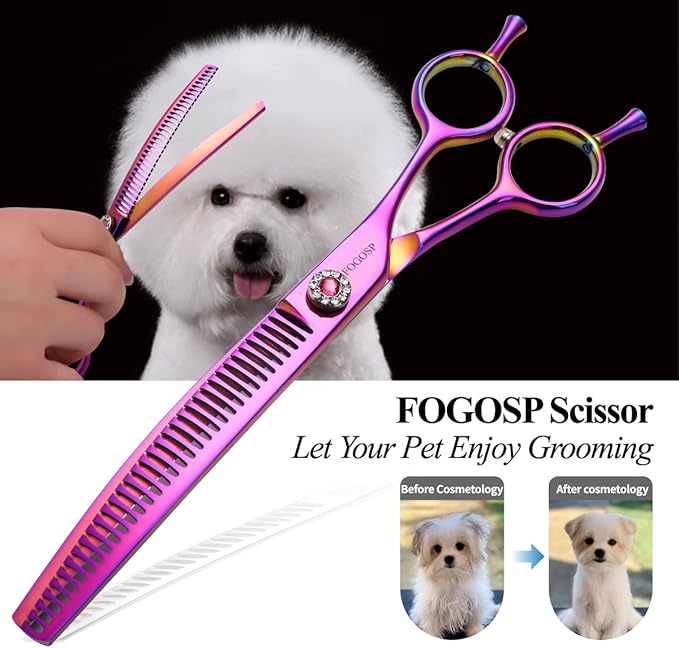 Curved Thinning Shear Dog 7.0'' Professional Downward Curved Chunkers Shears Dog Grooming Japan 440C Stainless Steel 75% Thinning Rate(Rainbow)