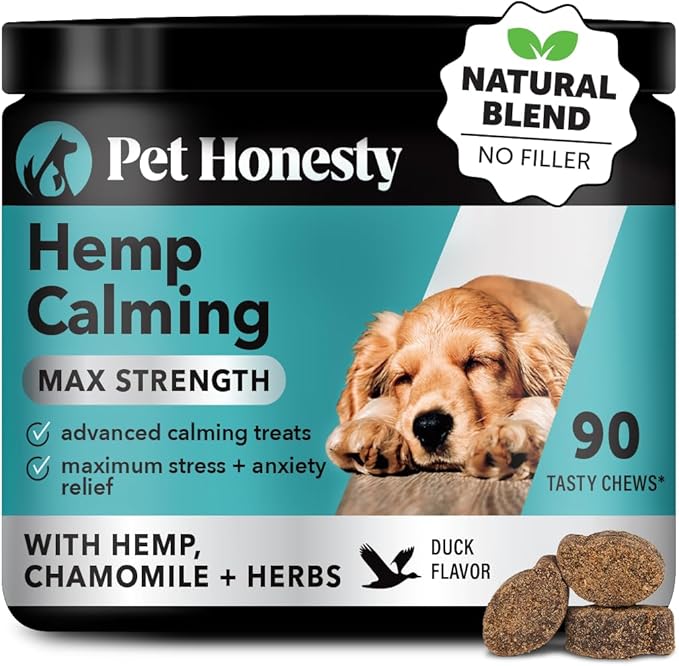 Pet Honesty Hemp Calming Chews for Dogs Max Strength- Dog Anxiety Relief, Dog Calming Treats with Hemp + Valerian Root, Melatonin for Dogs - Helps Aid with Thunder, Fireworks, Chewing & Barking (Duck)