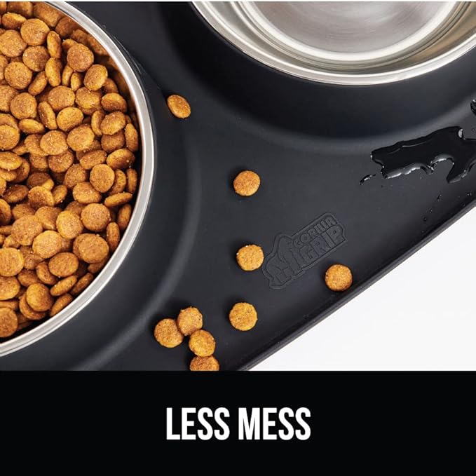 GORILLA GRIP Patent Pending 100% Waterproof BPA Free 3 Cup Cat and Dog Bowls Silicone Feeding Mat Set, Stainless Steel Bowl Slip Resistant Raised Edges, Catch Water, Food, Pet Accessories, Black