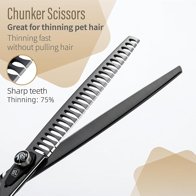 Dog Grooming Scissors: 7.5 inch Bright Black Pet Chunker Shears Made Of Japanese 440C Advanced Stainless Steel Professional Grooming Scissors for Dogs Cats and Other Pets