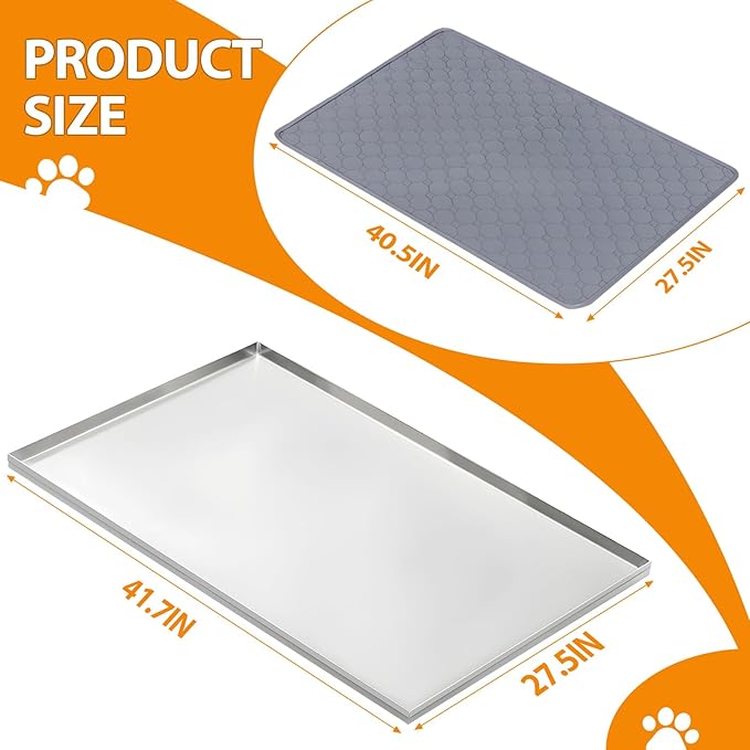 Metal Dog Crate Tray 41.7" x 27.5" Stainless Steel Metal Replacement Tray for Dog Crate, Heavy Duty Chew Proof and Crack Proof Pet Kennel Tray, with a Dog Mat