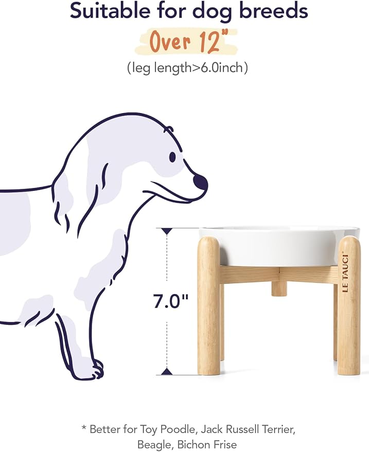 LE TAUCI Ceramic Slow Feeder Dog Bowls Elevated, 1.5 Cups Raised Dog Bowl with Wooden Stand for Small Medium Breed, Dog Dishes to Slow Down Eating, Puzzle Dog Food Bowl, Angel White