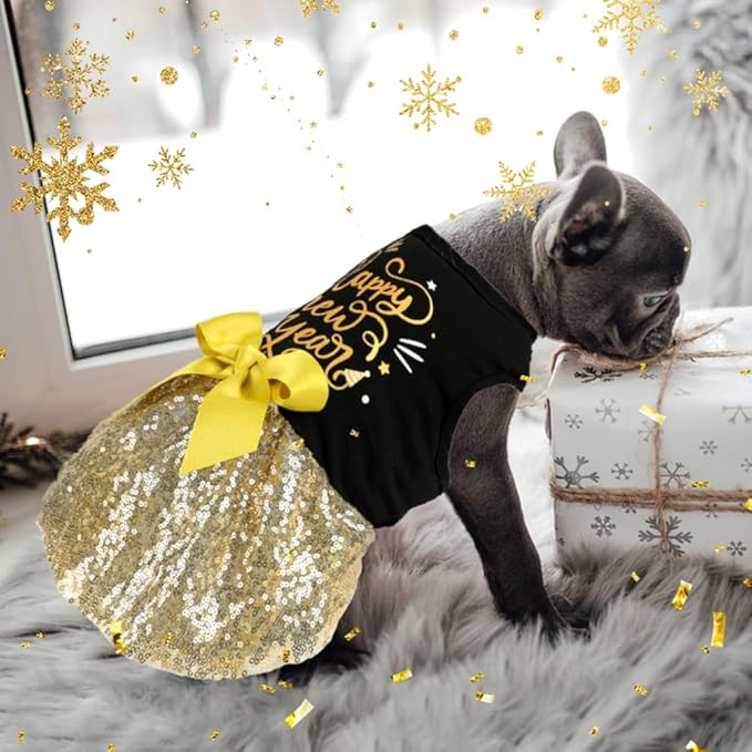 Happy New Year Dog Outfit, Dresses and Costumes for Small Large Dogs - Funny Puppy Dress With Bow, Holiday Costume for Halloween Christmas