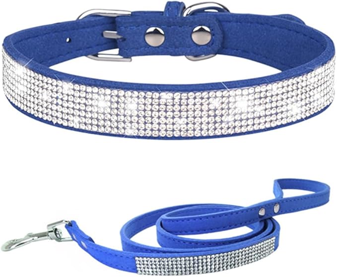 Bling Small Dog Collar Leash Set, Puppy Collar with Rhinestone Crystal Diamond Glitter Female Girls Cat Collars for XXS XS Small Medium Large Dogs Chihuahua Poodle Yorkshire (Blue XXL)