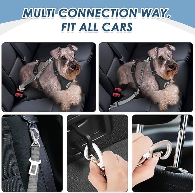 SlowTon Dog Seatbelt, 2 Pack Dog Seat Belt Car Leash Adjustable Elastic Bungee Buffer Heavy Duty Nylon Reflective Pet Safety Tether Connect to Dog Harness for Travel Riding in Vehicle (Daul Clip, GY)