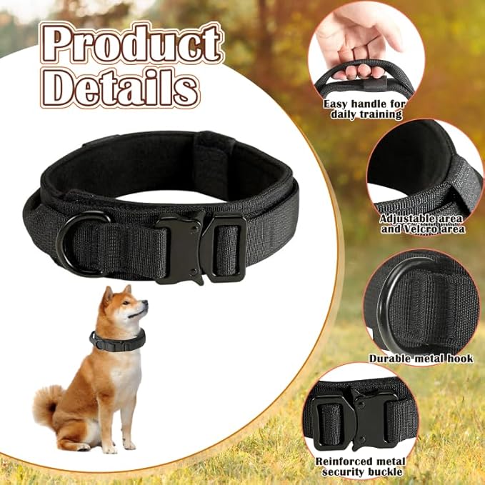 Tactical Dog Collar with Handle, Heavy Duty Military Dog Collar with Heavy Metal Buckle for Training, Adjustable Tactical Collars for for Medium and Large Dogs (XL, Black)