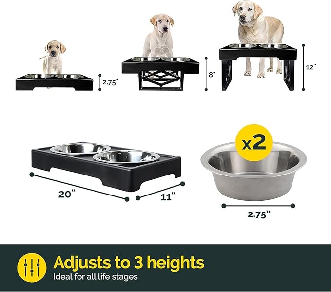 Pet Zone Designer Diner Bundle Adjustable Elevated Dog Bowls for Large Dogs, Medium and Small - Raised Dog Bowl Stand, Bowls for Food and Water Stainless Steel, 3 Heights, 2.75, 8", & 12''