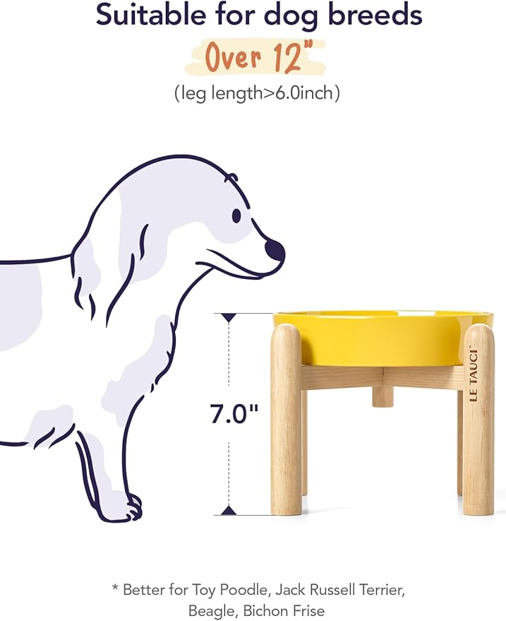 LE TAUCI Ceramic Slow Feeder Dog Bowls Elevated, 1.5 Cups Raised Dog Bowl with Wooden Stand for Small Medium Breed, Dog Dishes to Slow Down Eating, Puzzle Dog Food Bowl, Star Yellow