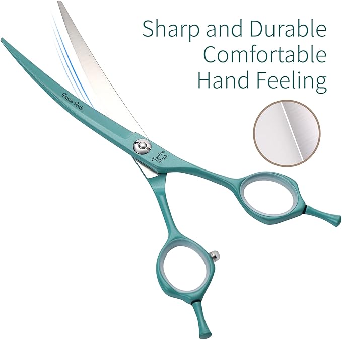 Fenice Peak Curved Dog Grooming Scissors with Cyan Color Coating 440C Stainless Steel Pet Grooming Bending Shears Sharp and Durable Comfortable Engonomic Handle